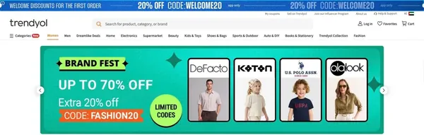 Trendyol UAE homepage, 14 Oct 2026: WELCOME20 and FASHION20